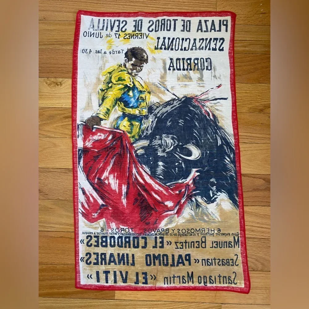 1970s Plaza De Toros de Sevilla, Sensacional Corrida Bull Fighting Scarf/Towel